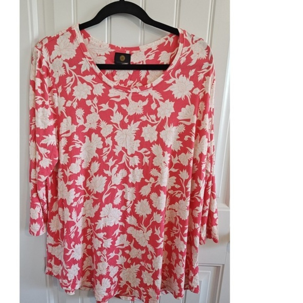 Women Size XXL JM Collection Tropical Floral Boho Coral Pink White Top